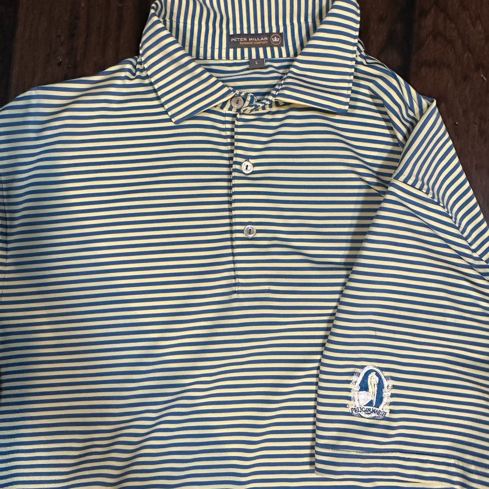 Peter Millar Blue and Yellow Striped Polo from Pelican Marsh